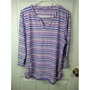 T By Talbots Woman XL Tee V Neck Purple Striped Side Runched Casual 3/4 Sleeve